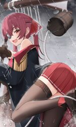 Rule 34 | 1girl, eyepatch, hololive, houshou marine, looking at viewer, open mouth, red eyes, red hair, red skirt, skirt, smile, solo, thomas 8000, twintails
