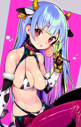Rule 34 | 1girl, 2021, animal ears, animal print, aqua hair, bare shoulders, bell, bikini, blush, breasts, candy, chinese zodiac, collar, cow ears, cow girl, cow horns, cow print, cowbell, detached sleeves, ear tag, fake animal ears, fake horns, food, fur-trimmed sleeves, fur trim, gloves, grin, highres, holding, holding candy, holding food, horns, knees up, kula diamond, lollipop, long hair, looking at viewer, medium breasts, navel, neck bell, onono imoko, pants, parted lips, print bikini, red eyes, sitting, smile, solo, swimsuit, swirl lollipop, teeth, the king of fighters, year of the ox, yellow gloves