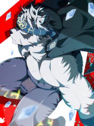 Rule 34 | 1boy, animal ears, bara, bulge, crow (siranui), feet out of frame, furry, furry male, grey hair, headband, highres, horkeu kamui, jacket, jacket on shoulders, large pectorals, looking at viewer, male focus, multicolored hair, muscular, muscular male, pectorals, revealing clothes, simple background, solo, thighs, tokyo houkago summoners, vambraces