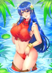 Rule 34 | 1girl, bikini, blue eyes, blue hair, bracelet, caeda (fire emblem), covered erect nipples, female focus, fire emblem, fire emblem: mystery of the emblem, fire emblem heroes, flower, hair flower, hair ornament, highres, jewelry, licking lips, looking at viewer, matching hair/eyes, midriff, naughty face, navel, nintendo, nipple erection, official alternate costume, partially submerged, red bikini, revolverwing, smile, solo, swimsuit, tongue, tongue out, water, wet