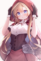 Rule 34 | 1girl, :o, abukuma (kancolle), black gloves, blonde hair, blue eyes, blush, brown background, cape, e-note, gloves, highres, hood, kantai collection, long hair, red cape, red hood, shirt, signature, simple background, solo, white shirt