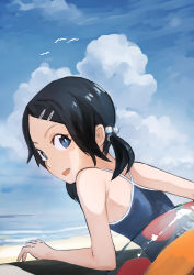 Rule 34 | 1girl, against railing, beach, bird, black hair, blue eyes, child, cloud, day, from behind, hair bobbles, hair ornament, hairclip, inami hatoko, innertube, looking at viewer, looking back, low twintails, one-piece swimsuit, open mouth, original, outdoors, parted bangs, railing, school swimsuit, sky, solo, swim ring, swimsuit, twintails, upper body