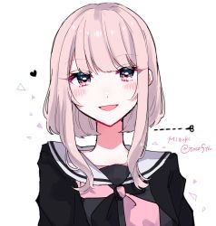 Rule 34 | alternate hair length, alternate hairstyle, blush, bob cut, character name, commentary request, cut-here line, dotted line, heart, highres, open mouth, pink eyes, pink hair, project sekai, ribbon, sailor collar, school uniform, scissors, short hair, short hair with long locks, signature, toco5th, white background