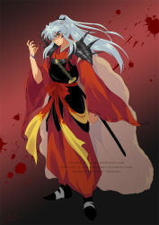 Rule 34 | alternate costume, alternate form, alternate hairstyle, alternate universe, animal ears, cape, capelet, cati, commentary, commission, dog ears, facial mark, fur, hakama, hakama skirt, highres, inuyasha, inuyasha (character), japanese clothes, jewelry, katana, kimono, long hair, necklace, pearl necklace, ponytail, red hakama, shoulder spikes, skirt, spikes, sword, weapon, white hair, yellow eyes, traditional youkai