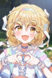 Rule 34 | 1girl, absurdres, blonde hair, blue choker, blush, braid, center frills, choker, commentary request, crop top, cropped jacket, fang, frilled wristband, frills, fujita kotone, gakuen idolmaster, hair ribbon, hair up, heart, heart hands, highres, hyemong, idolmaster, looking at viewer, ribbon, skin fang, smile, solo, sweat, twin braids, upper body, yellow eyes