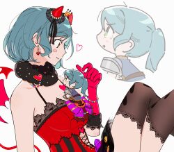 Rule 34 | 2girls, aqua hair, bang dream!, black thighhighs, blush, breasts, brown eyes, camisole, chibi, closed mouth, commentary, crossed legs, crown, demon horns, demon tail, demon wings, earrings, eye contact, gloves, green eyes, heart, highres, hikawa hina, hikawa sayo, horns, idol, idol clothes, jewelry, long hair, looking at another, medium breasts, mini crown, mini person, multiple girls, open mouth, pink gloves, ponytail, red camisole, short hair, siblings, sidelocks, simple background, smile, spoken heart, sweatdrop, tail, thighhighs, twins, white background, wings, zihacheol