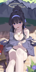 Rule 34 | 1girl, absurdres, black hair, blue archive, blue eyes, blue hairband, blush, breasts, feet out of frame, grey jacket, gubbi on, hair between eyes, hairband, halo, highres, jacket, jewelry, knee up, legs, long hair, long sleeves, looking at viewer, navel, official alternate costume, open clothes, open jacket, open mouth, pendant, ponytail, small breasts, solo, ui (blue archive), ui (swimsuit) (blue archive), yellow halo