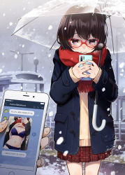 Rule 34 | 1boy, 1girl, absurdres, black hair, blue coat, blush, brown eyes, brown sweater, buttons, cellphone, cellphone photo, closed mouth, coat, commentary request, day, dojirou, duffel coat, glasses, hands up, highres, holding, holding phone, holding umbrella, long sleeves, looking at viewer, miniskirt, nose blush, open clothes, open coat, original, outdoors, overcoat, own hands together, phone, photo comparison, plaid, plaid skirt, pleated skirt, pov, red-framed eyewear, red scarf, red skirt, scarf, short hair, skirt, sleeves past wrists, smartphone, snow, snowing, solo focus, standing, sweatdrop, sweater, transparent, transparent umbrella, trembling, umbrella, winter, winter clothes