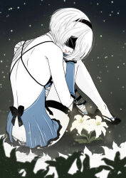 1girl 2b_(nier:automata) artist_name ass bandaged_arm bandaged_neck bandages black_background black_blindfold black_bow black_hairband blindfold bow breasts butt_crack closed_mouth colored_skin cosplay flower hairband highres kaine_(nier) kaine_(nier)_(cosplay) lingerie lunar_tear mitsuki_nite nier nier:automata nier_(series) pink_lips short_hair sitting underwear watermark white_flower white_hair white_skin