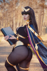 1girl ass black_bra blunt_bangs blurry blurry_background bodystocking book bra breasts bridal_gauntlets cape curvy fire_emblem fire_emblem_awakening from_behind gold_trim holding holding_book huge_ass jewelry lipstick long_hair looking_back makeup medium_breasts multicolored_cape multicolored_clothes nintendo pelvic_curtain photo_(medium) sabercreative solo tharja_(fire_emblem) tharja_(fire_emblem)_(cosplay) thighlet thong tiara turtleneck underwear