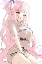Rule 34 | 1girl, absurdres, alternate costume, blue archive, english text, highres, long hair, mika (blue archive), pink hair, pukku, shirt, sitting, smile, solo, t-shirt, thighs, white background, yellow eyes