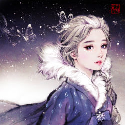 Rule 34 | 1girl, 2020, alternate costume, blue dress, blue eyes, bow, braid, bug, butterfly, crystal, crystal dress, disney, dress, elsa (frozen), frozen (disney), fur-trimmed dress, fur collar, fur trim, hanbok, insect, korean clothes, korean text, nayoung wooh, night, night sky, olaf&#039;s frozen adventure, photoshop (medium), red eyes, signature, sky, snowflake ornament, snowflakes, snowing, solo, traditional clothes, white hair