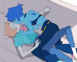 Rule 34 | 2girls, back, backless outfit, blue hair, blue jacket, blue pants, blue skin, blush, closed eyes, clothes pull, colored skin, couch, cropped jacket, forehead jewel, gem, girl on top, grabbing, halterneck, highres, jacket, jacket pull, kiss, lapis lazuli (steven universe), lying, multiple girls, nano8, on back, pale skin, pants, pearl (steven universe), shade, short hair, steven universe, sweatdrop, toned, yuri