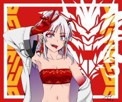 Rule 34 | 1girl, :d, arknights, arm up, armpits, azacchi, bandeau, bare shoulders, breasts, cleavage, commentary, eyeshadow, highres, horns, jacket, long hair, looking at viewer, makeup, midriff, multicolored hair, navel, nian (arknights), off shoulder, open mouth, purple eyes, red hair, small breasts, smile, solo, stomach, strapless, streaked hair, tongue, tongue out, tube top, upper body, white hair, white jacket