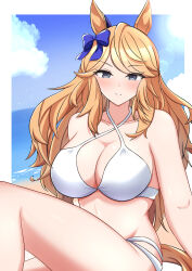Rule 34 | 1girl, alternate costume, arn7, bare shoulders, bikini, blonde hair, blue bow, blue eyes, blue sky, blush, bow, breasts, cleavage, closed mouth, cloud, cloudy sky, commentary request, criss-cross halter, ear bow, feet out of frame, gold city (umamusume), halterneck, highres, horse girl, large breasts, long hair, looking at viewer, outdoors, sky, smile, solo, swimsuit, umamusume, white bikini