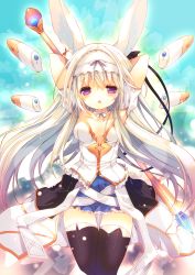 Rule 34 | 1girl, animal ears, arms behind head, bad id, bad nicoseiga id, black thighhighs, blush, breasts, gradient background, hairband, highres, long hair, looking at viewer, original, p19, parted lips, purple eyes, rabbit ears, silver hair, skirt, solo, staff, thigh gap, thighhighs, very long hair, virtual youtuber