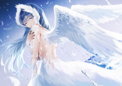 Rule 34 | 1girl, black nails, blue eyes, blue hair, commentary request, dress, dutch angle, feathered wings, feathers, floating hair, from side, hair between eyes, hand up, haruri, long hair, looking at viewer, looking to the side, nail polish, original, parted lips, signature, solo, very long hair, white dress, white feathers, white wings, wings