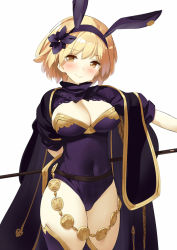 Rule 34 | 10s, 1girl, animal ears, arm behind back, black thighhighs, blonde hair, blush, breasts, brown eyes, cape, cleavage, covered navel, djeeta (granblue fantasy), fake animal ears, flower, granblue fantasy, hair flower, hair ornament, hairband, kaisen chuui, large breasts, leotard, looking at viewer, rabbit ears, sage (granblue fantasy), short hair, simple background, smile, solo, staff, thighhighs, white background