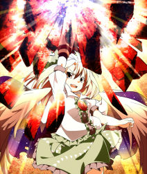 1girl arm_cannon arm_up cape explosion fang female_focus la-do oguro_(moyashi_2-hon) reiuji_utsuho solo touhou weapon wings