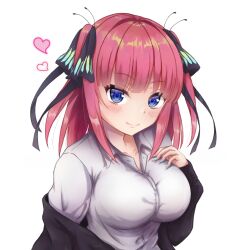 Rule 34 | 1girl, black cardigan, black ribbon, blue eyes, blunt bangs, breasts, butterfly hair ornament, cardigan, closed mouth, commentary request, emily0103, go-toubun no hanayome, gradient nails, hair ornament, hair ribbon, hand on own chest, heart, highres, large breasts, looking at viewer, nakano nino, off shoulder, pink hair, ribbon, shirt, short hair, smile, solo, two side up, upper body, white background, white shirt