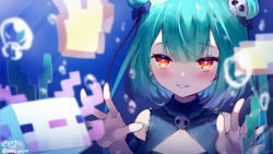 Rule 34 | 1girl, air bubble, bare shoulders, blush, bow, brooch, bubble, detached collar, detached sleeves, double bun, dress, earrings, green hair, hair bun, hair ornament, hair ribbon, highres, hololive, jewelry, looking at viewer, minecraft, open mouth, piyoyanagi, red eyes, ribbon, short hair, sidelocks, signature, skull earrings, skull hair ornament, smile, solo, strapless, strapless dress, twitter username, underwater, uruha rushia, uruha rushia (1st costume), virtual youtuber