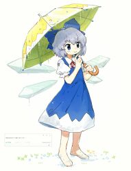 Rule 34 | 1girl, barefoot, blue bow, blue dress, blue eyes, blue hair, blush stickers, bow, cirno, collared shirt, commission, dress, grass, hair bow, highres, holding, holding umbrella, ice, ice wings, looking to the side, making-of available, neck ribbon, nendo23, pinafore dress, puffy short sleeves, puffy sleeves, red ribbon, request inset, ribbon, shirt, short hair, short sleeves, simple background, sleeveless, sleeveless dress, smile, touhou, umbrella, water drop, white background, white shirt, wings