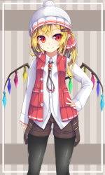 Rule 34 | 1girl, alternate costume, beanie, black pantyhose, blonde hair, bolo tie, brown shorts, commentary request, contemporary, cowboy shot, crystal, flandre scarlet, hair ornament, hair ribbon, hairclip, hand on own hip, hat, highres, long hair, long sleeves, looking at viewer, pantyhose, pointy ears, pom pom (clothes), red eyes, red ribbon, red vest, ribbon, shirt, shorts, side ponytail, smile, solo, striped, striped background, suspenders hanging, touhou, uumaru, vest, white hat, white shirt, wings
