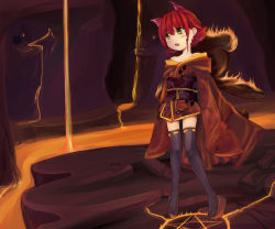 Rule 34 | 1girl, animal ears, annie (league of legends), bare shoulders, black thighhighs, breasts, cave, female focus, fire, full body, hair ornament, highres, japanese clothes, kimono, league of legends, long sleeves, magic circle, lava, open mouth, pentagram, pitui1996, red hair, ribbon-trimmed legwear, ribbon trim, rock, self-upload, skull, skull and crossbones, skull print, solo, standing, tabi, thighhighs, tibbers, torch, yellow eyes