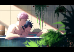 Rule 34 | 2boys, bathtub, black hair, bucket, commentary, day, eilinna, english commentary, facial mark, fushiguro megumi, green eyes, hair between eyes, indoors, itadori yuuji, jujutsu kaisen, letterboxed, light smile, looking at another, male focus, multiple boys, nude, partially submerged, pectorals, pink hair, plant, profile, same-sex bathing, shadow, shared bathing, short hair, smile, spiked hair, summer, tile wall, tiles, toned, toned male, undercut, water, wet, yaoi