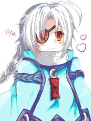 Rule 34 | 1girl, ahoge, arc system works, blazblue, blush, braid, dated, eyepatch, female focus, heart, nu-13, red eyes, silver hair, smile, solo, white background