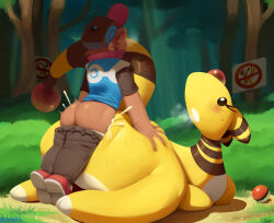Rule 34 | 1boy, 1girl, ampharos, artist name, ass, ass grab, baseball cap, black eyes, black headwear, black pants, black shirt, blue vest, blush, breath, briefs, brown hair, bush, clothes pull, creatures (company), cum, day, ejaculation, forehead jewel, forest, from behind, from side, full body, game freak, gem, gen 2 pokemon, grass, hat, hetero, highres, leaning forward, legs together, light rays, lilmoonie, looking at another, looking back, looking up, lying, male underwear, male underwear pull, nature, nintendo, on ground, on stomach, open mouth, outdoors, pants, pants pull, poke ball, poke ball (basic), poke ball symbol, pokemon, pokemon (creature), red footwear, red gemstone, sex, shirt, shoes, short hair, short sleeves, sidelocks, sign, signature, standing, sunlight, sweat, teeth, tiptoes, tongue, tongue out, tree, underwear, vaginal, vest, white male underwear