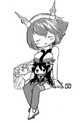 Rule 34 | 10s, 2girls, :d, ^ ^, breast rest, breasts, breasts on head, chibi, closed eyes, closed eyes, failure penguin, greyscale, headgear, kantai collection, kobone, long hair, miss cloud, monochrome, multiple girls, mutsu (kancolle), nagato (kancolle), open mouth, short hair, sitting, sitting on lap, sitting on person, smile, thighhighs