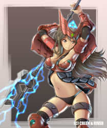 Rule 34 | 1girl, anklet, armpits, arms up, axe, black panties, blush, breasts, brown eyes, brown hair, copyright request, dark skin, dark-skinned female, electricity, english text, hirobee, holding, holding axe, holding weapon, jewelry, large breasts, long hair, looking to the side, navel, panties, solo, underwear, watermark, weapon