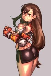 Rule 34 | 1girl, ass, belt, breasts, cleavage, crop top, elbow pads, final fantasy, final fantasy vii, highres, kelvin hiu, large breasts, long hair, midriff, miniskirt, pencil skirt, single elbow pad, skirt, sleeveless, solo, suspender skirt, suspenders, thick thighs, thighs, tifa lockhart, toned