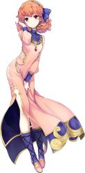 Rule 34 | 1girl, amagai tarou, blue socks, breasts, brown eyes, brown hair, curly hair, dress, fire emblem, fire emblem echoes: shadows of valentia, fire emblem heroes, full body, genny (fire emblem), hairband, highres, jewelry, long dress, long sleeves, looking away, necklace, nintendo, official art, pink dress, sandals, small breasts, socks, solo, transparent background