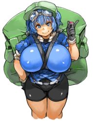 Rule 34 | 1girl, backpack, bag, between breasts, bike shorts, blue eyes, breasts, controller, goggles, goggles on head, hat, huge breasts, kawashiro nitori, looking at viewer, perky breasts, remote control, sachito, short hair, simple background, smile, solo, strap between breasts, touhou, two side up, white background