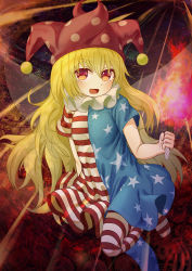 Rule 34 | + +, 1girl, absurdres, american flag pants, american flag shirt, black background, blonde hair, blue pants, blue shirt, breasts, clownpiece, ekaapetto, fire, hair between eyes, hand up, hat, highres, jester cap, leg up, long hair, looking to the side, multicolored clothes, multicolored eyes, multicolored pants, multicolored shirt, no shoes, open mouth, orange background, pants, pantyhose, pink eyes, pink fire, pink hat, polka dot, purple eyes, purple hat, red background, red pants, red shirt, shirt, short sleeves, small breasts, smile, solo, standing, standing on one leg, star (symbol), star in eye, star print, starry background, striped clothes, striped pants, striped shirt, symbol in eye, torch, touhou, white pants, white shirt, yellow background, yellow eyes