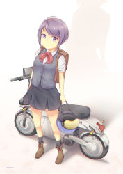 Rule 34 | 10s, 1girl, andch24, artist name, bag, bow, bowtie, briefcase, classroom crisis, full body, helmet, looking at viewer, looking up, miniskirt, motor vehicle, motorcycle, purple eyes, purple hair, school bag, school briefcase, school uniform, sera mizuki (classroom crisis), shirasaki iris, short hair, short sleeves, signature, simple background, skirt, solo, vehicle, vest, white background