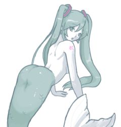 Rule 34 | 1girl, ass, back, breasts, fins, fish tail, from behind, green eyes, green hair, hair ornament, hatsune miku, long hair, looking back, matching hair/eyes, mermaid, minerva (artist), monster girl, sideboob, solo, tail, tattoo, twintails, vocaloid