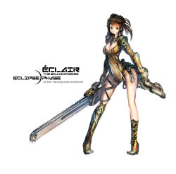 Rule 34 | 1girl, absurdres, armor, artist name, asymmetrical legwear, between breasts, boots, breast tattoo, breasts, brown eyes, brown hair, chainsaw, cleavage, copyright name, dual wielding, eclipse phase, full body, gloves, gun, hair ornament, hairclip, handgun, highres, holding, holding gun, holding weapon, knee boots, len brew, long hair, looking at viewer, matching hair/eyes, medium breasts, original, pistol, side ponytail, simple background, solo, standing, strap, tattoo, uneven legwear, watermark, weapon, web address, white background, white gloves