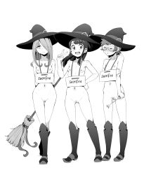 Rule 34 | 10s, 3girls, absurdres, blush, breasts, broom, cleft of venus, geewhy, glasses, greyscale, groin, hat, highres, kagari atsuko, lineup, little witch academia, lotte jansson, monochrome, multiple girls, navel, nipples, nude, pussy, simple background, small breasts, smile, sucy manbavaran, uncensored, v, witch, witch hat