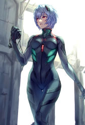 Rule 34 | 1girl, ayanami rei, black bodysuit, blue hair, blush, bodysuit, breasts, commentary request, day, earbuds, earphones, evangelion: 3.0+1.0 thrice upon a time, hair between eyes, hair ornament, hand up, headpiece, highres, holding, medium breasts, neon genesis evangelion, open mouth, outdoors, plugsuit, rebuild of evangelion, red eyes, revision, short hair, skin tight, solo, standing, tape recorder, teeth, yoake dawn01