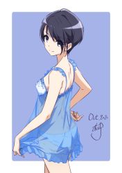 Rule 34 | 1girl, 2020, black eyes, black hair, blue panties, border, breasts, closed mouth, cowboy shot, dated, dress, evening gown, from side, hand on own hip, highres, looking at viewer, nii manabu, original, outside border, panties, purple background, see-through, short hair, shoulder blades, sideboob, signature, sketch, small breasts, smile, solo, standing, underwear, underwear only, white border
