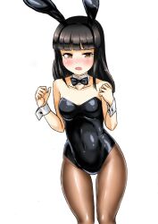 Rule 34 | 1girl, animal ears, black hair, black leotard, blush, bow, bowtie, brown eyes, brown pantyhose, covered navel, detached collar, embarrassed, fake animal ears, hatsuyuki (kancolle), hime cut, kantai collection, kudou (ooabareteng), leotard, long hair, looking at viewer, pantyhose, playboy bunny, rabbit ears, rabbit tail, side-tie leotard, simple background, solo, strapless, strapless leotard, tail, traditional bowtie, white background, wrist cuffs