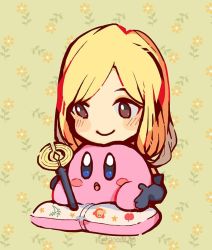 Rule 34 | 1girl, anocurry, blonde hair, blush, chibi, dress, gloves, jewelry, kirby, kirby (series), long hair, necklace, nintendo, octopath traveler, octopath traveler i, ophilia (octopath traveler), pillow, simple background, smile, super smash bros.