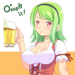Rule 34 | 1girl, alcohol, beer, beer mug, breasts, cleavage, cup, dirndl, dress, female focus, german clothes, german text, green hair, hairband, large breasts, long hair, meow (nekodenki), mole, mug, oktoberfest, original, red eyes, smile, solo, traditional clothes, waitress, white background