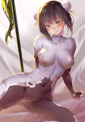 Rule 34 | 1girl, arm support, black hair, blush, bodysuit, breasts, brown hair, bun cover, chinese clothes, collarbone visible through clothes, commentary request, covered collarbone, covered navel, double bun, fate/grand order, fate (series), fingerless gloves, gloves, green eyes, hair between eyes, hair bun, looking at viewer, medium breasts, oukawa yuu, polearm, qin liangyu (fate), reclining, sidelocks, sitting, taut clothes, weapon