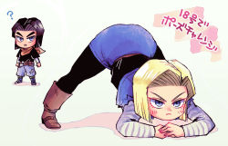 Rule 34 | 1boy, 1girl, ?, android 17, android 18, artist request, ass, black hair, blonde hair, blue eyes, blush, boots, brother and sister, chibi, dragon ball, dragonball z, expressionless, full body, jack-o&#039; challenge, looking at another, looking away, medium hair, meme, shiny skin, siblings, simple background, skirt, spread legs, stretching, translation request, wide spread legs