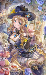 Rule 34 | 1girl, bare shoulders, black dress, black footwear, black hat, blonde hair, blue eyes, blush, boots, breasts, cake, cleavage, cup, detached collar, detached sleeves, dress, drill hair, drill sidelocks, flower, food, fruit, genshin impact, hat, hat feather, hat flower, highres, jewelry, large breasts, layered skirt, lemon, lemon slice, long hair, looking at viewer, macaron, navia (genshin impact), necklace, open mouth, rose, sidelocks, skirt, solo, strawberry, tea, teacup, thigh boots, thighlet, thighs, tiered tray, torino aqua, vision (genshin impact), white skirt, yellow skirt