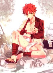 Rule 34 | 1boy, ankle wrap, bulge, fate/grand order, fate (series), fundoshi, igote, inaho178, japanese clothes, lake, male focus, mouth hold, partially submerged, red hair, sandals, single bare shoulder, sitting, solo, sweat, testicle peek, toned, toned male, wrist wrap, yellow eyes